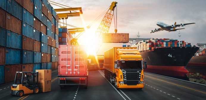 Transportation and logistics of Container Cargo ship and Cargo plane. 3d rendering and illustration.