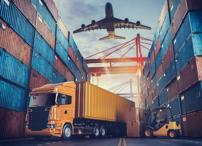 Transportation and logistics of Container Cargo ship and Cargo plane. 3d rendering and illustration.